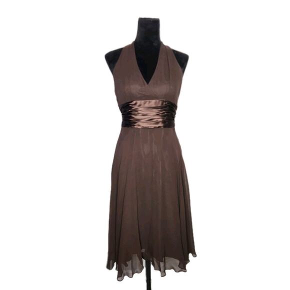 Vtg Y2k Maggy London Silk Brown Halter Neck Knee Length Formal Dress Size 10 - Picture 1 of 7